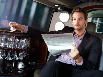 Business traveler in limo/ground transportation